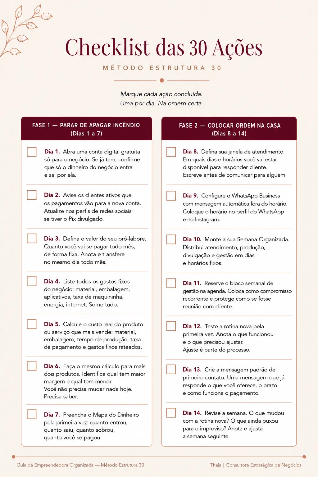 Checklist das 30 Ações